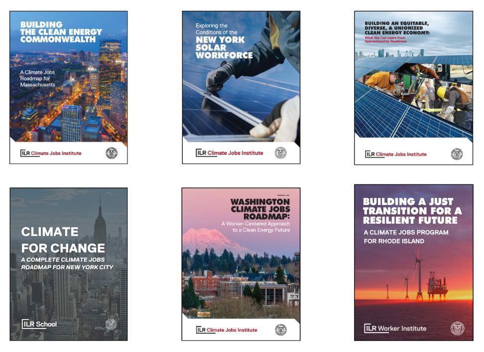 A collage containing covers of six recent reports that the Climate Jobs Institute produced.