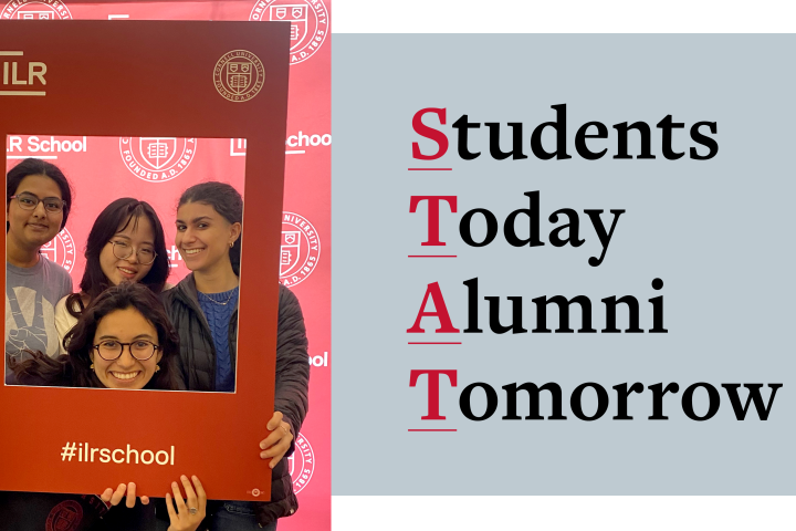 Students Today Alumni Tomorrow text next to an image of four students posing with an oversized ILR photo frame